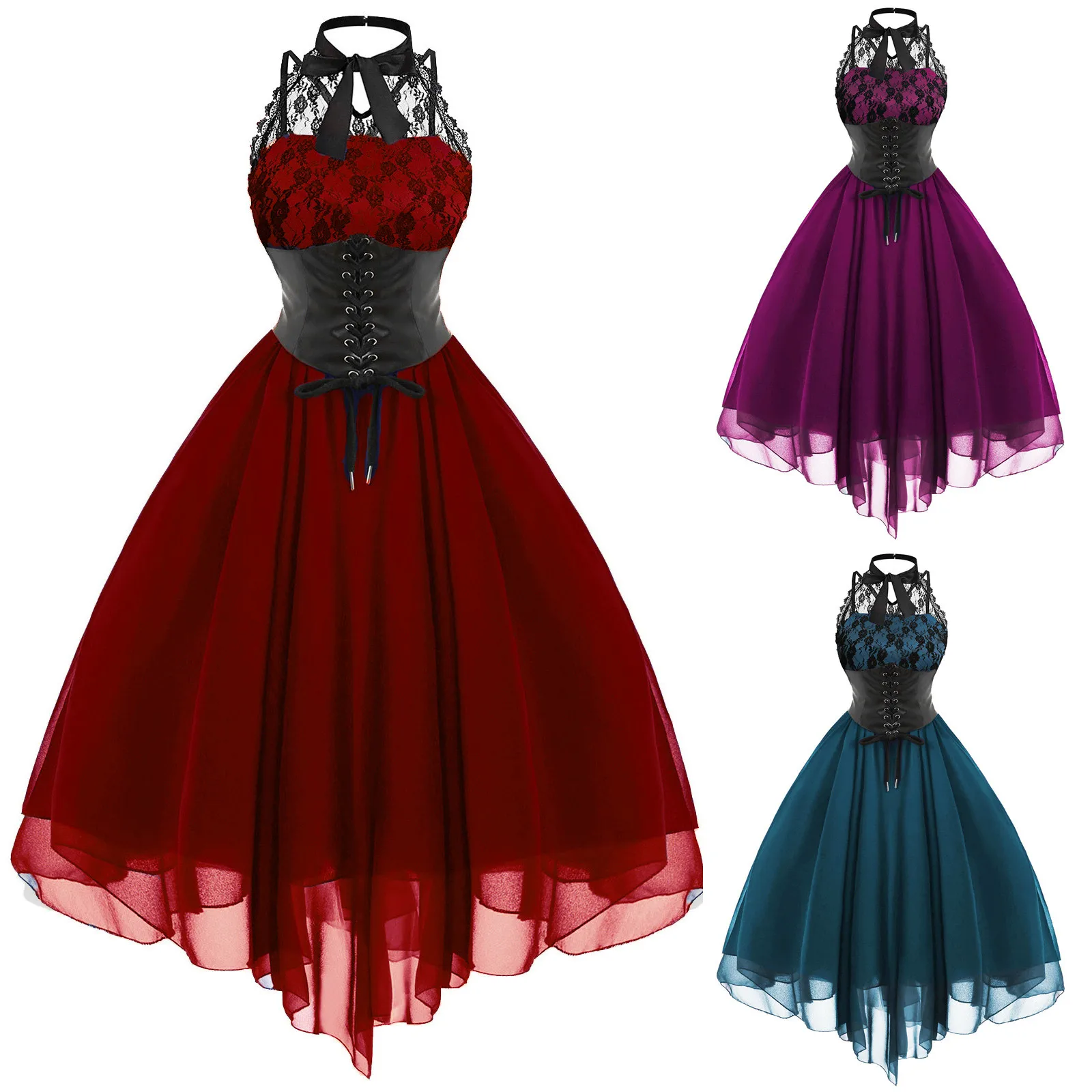 

Women's Evening Dress Elegant Fashion Women's Dresses Gothic Sexy Banquet Festival Lace Vintage Chiffon Long Dress Vestidos