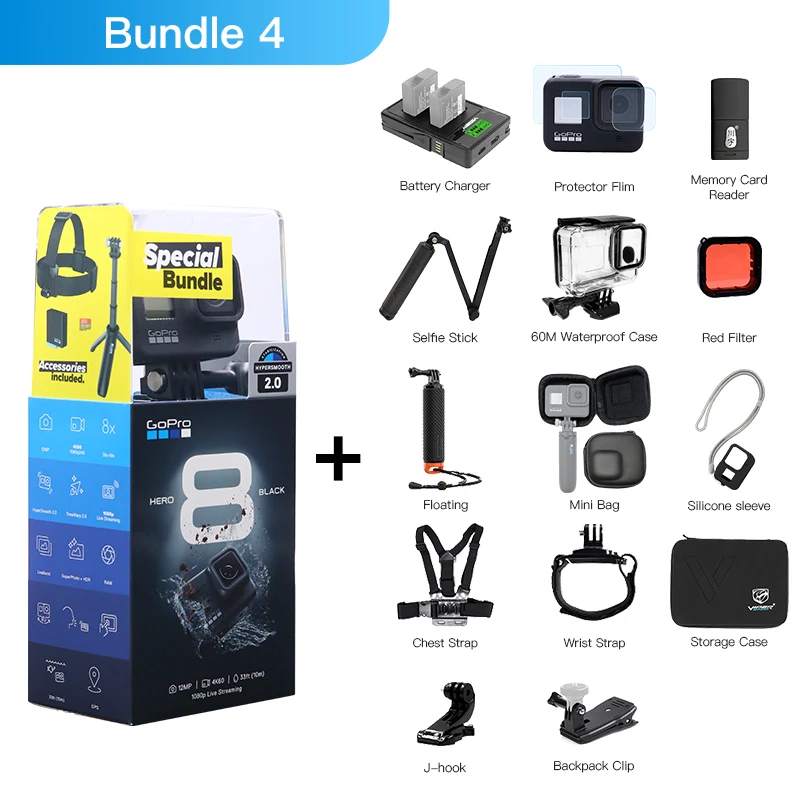 Bundle 4 Оригинальная Водонепроницаемая экшн-Камера GoPro HERO 8 черного цвета, 4 K, Ультра HD видео, 12 МП, фото, 1080 p, прямая трансляция, Go Pro Hero8, Спортивная камера - Цвет: Bundle 4