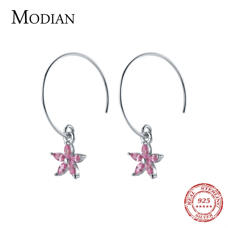 Modian Fashion Round Swing Pink Crystal Flower Drop Earrings Charm 100% 925 Sterling Silver Jewelry For Women Dangle Earring | Украшения и