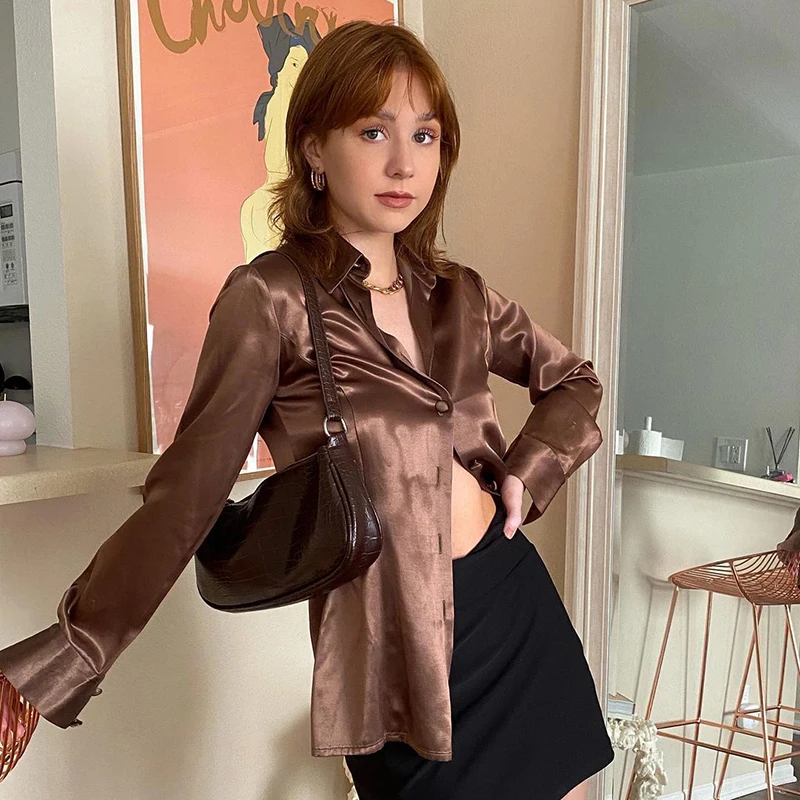 

Rapwriter Solid Basic Blouse Y2K Single Breasted Shirt Casual Turn Down Collar Top Long Sleeve Shirt Women Trendy Streetwear 90s