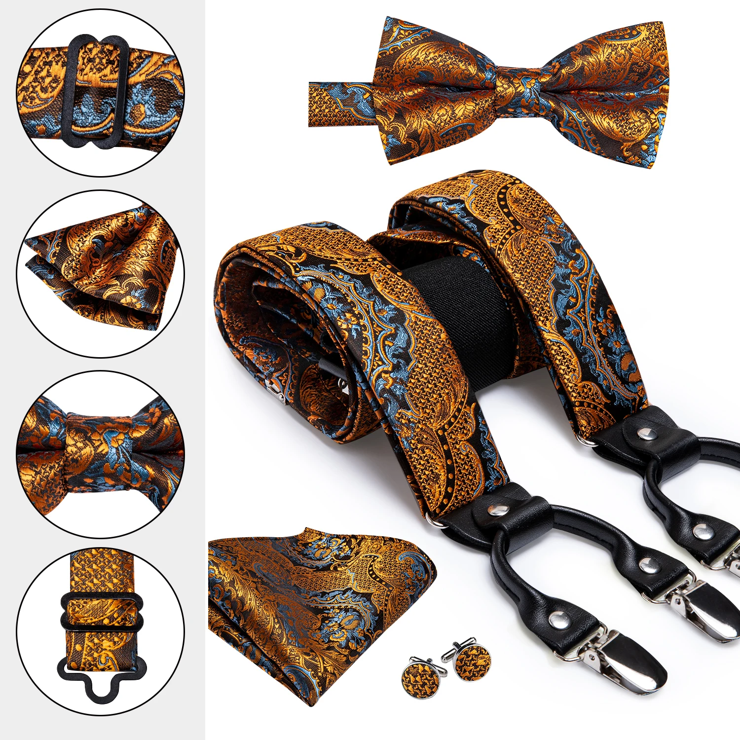 

Hi-Tie, роскошные мужские подтяжки для взрослых, галстук-бабочка и подтяжки, кожа, металл, 6 зажимов, подтяжки, винтажная мода, мужские свадебные...