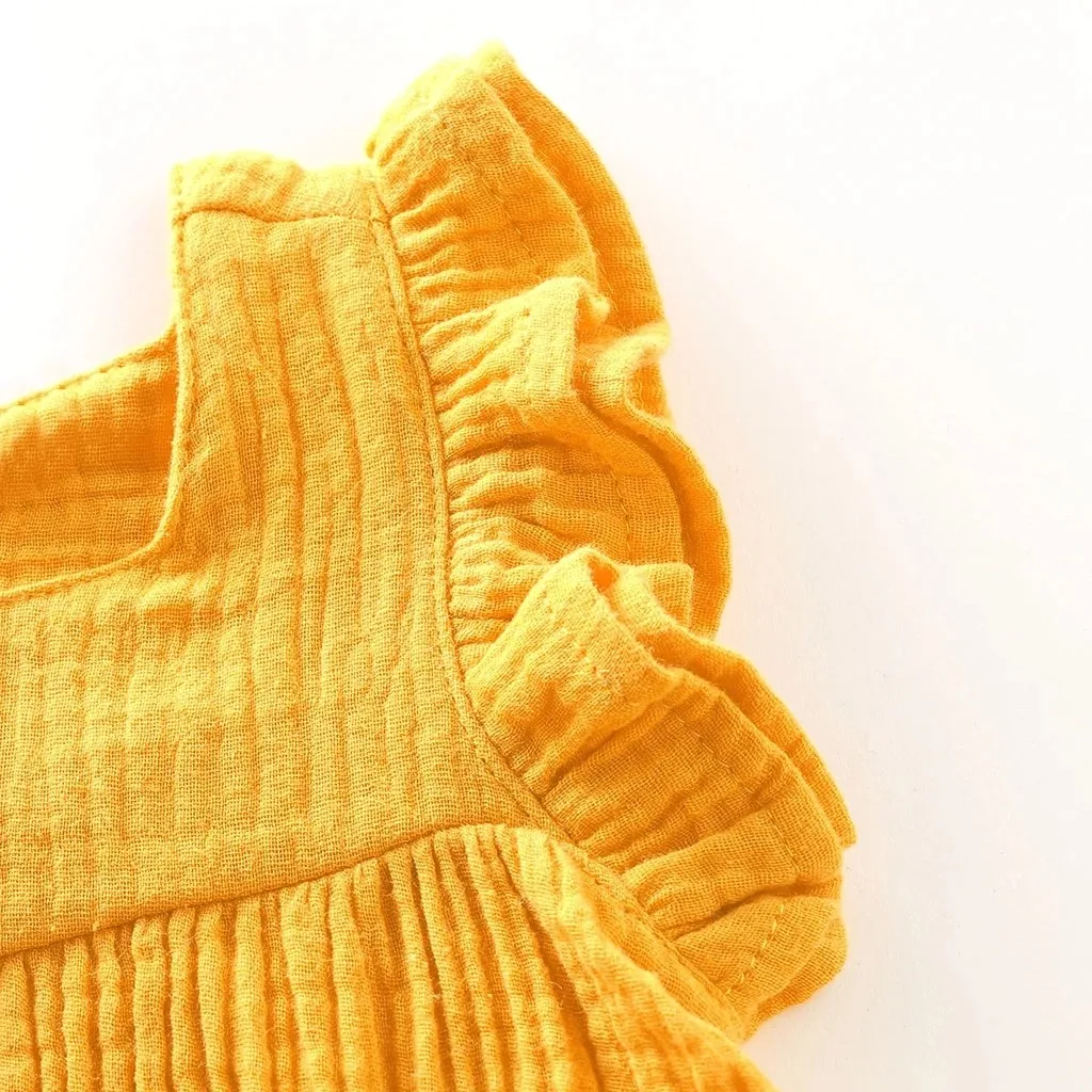 Summer children flying sleeves ruffled solid color cotton and linen dress pure yellow cute fashion breathable платье летнее S4 |