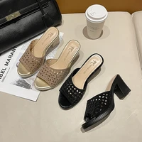 2021 new classic women shoes plaid open toe slip on pu high heels summer sandals slippers casual lady shoes sandalias de mujer