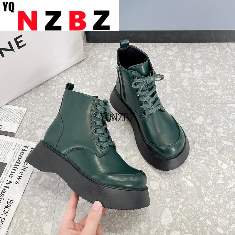 

2022 Women Platform Leather Boots Med Heel Height Increasing Short Boot Autumn Fashion Pumps Shoes SizeZip Closure