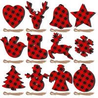 10 pcs red and black lattice pattern christmas decoration wood chip crafts pendant christmas party home diy christmas wood chip