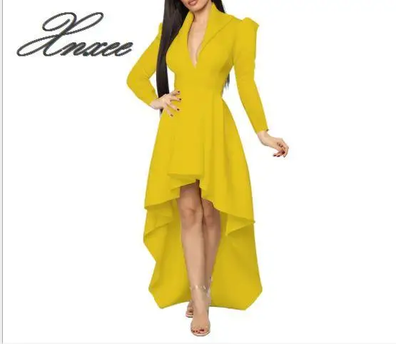 

2020 ladies new V-neck long-sleeved dress long dress irregular dress Xnxee