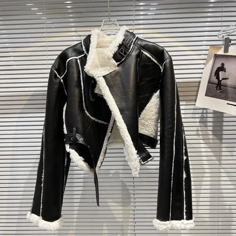 

Новинка Зима 2021, утепленная мотоциклетная куртка с мехом, куртки в стиле High Street, женское кожаное пальто, женские короткие пальто из искусств...