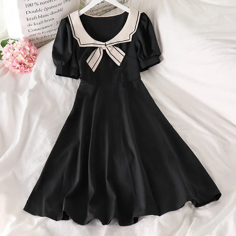 

Summer Woman Midi Dress for Lady Korean Fashion Retro Style Simplee Casual Clothes Black Short T-Shirt Cute High Waist Dresses