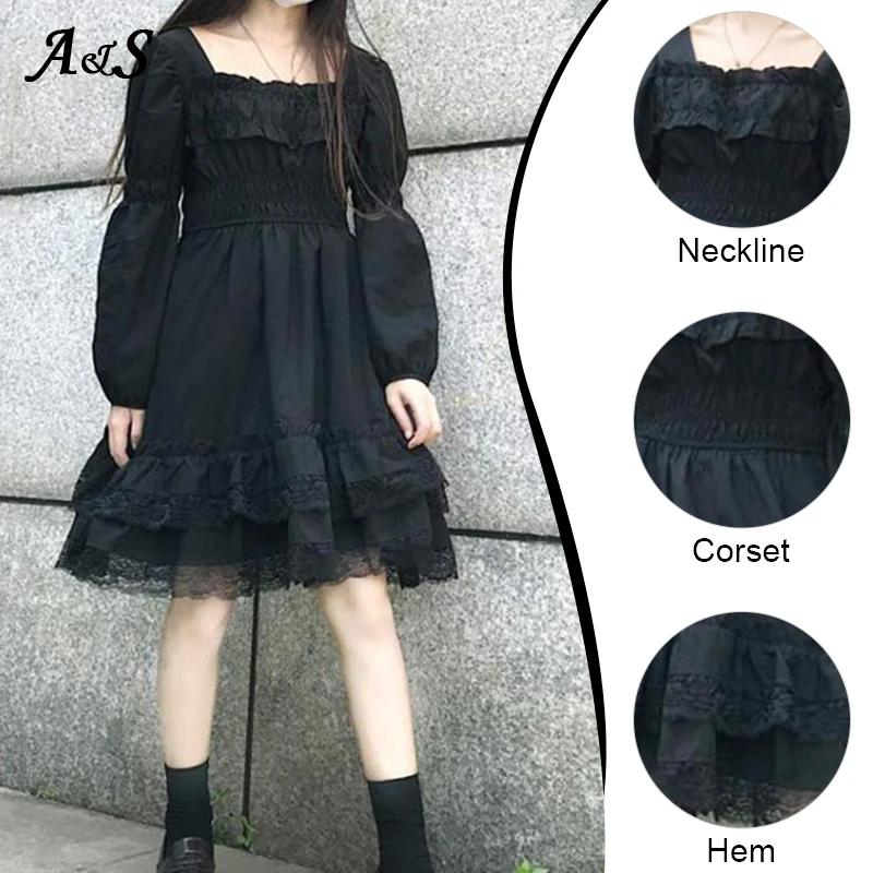 

Anbenser Japanese Gothic Style Lolita Dress Women Princess Black High Waist Puff Sleeves LO Dresses Lace Ruffle Party Mini Dress