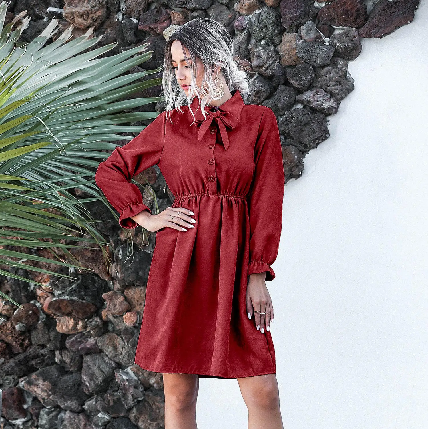 

Shyloli Cute Bow-tie A-line Corduroy Dresses Women Turn-down Collar Long Sleeve High Waist Button Sexy Knee Dress New Arrival