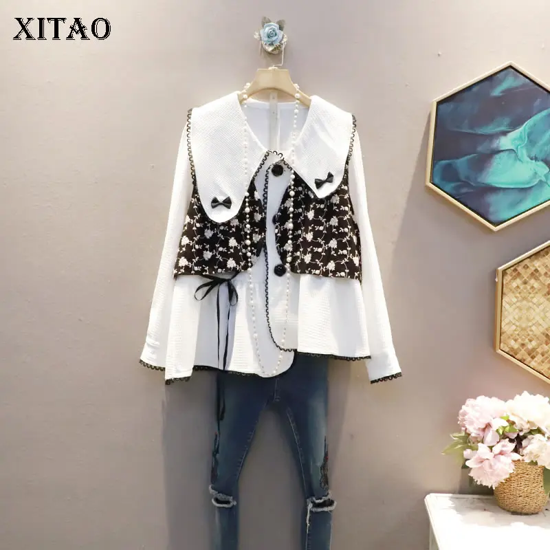 

XITAO, новинка, женская рубашка, костюм из двух предметов, модный, комбинированный, контрастный, с вышивкой, бандажный жилет, осень 2021, универса...