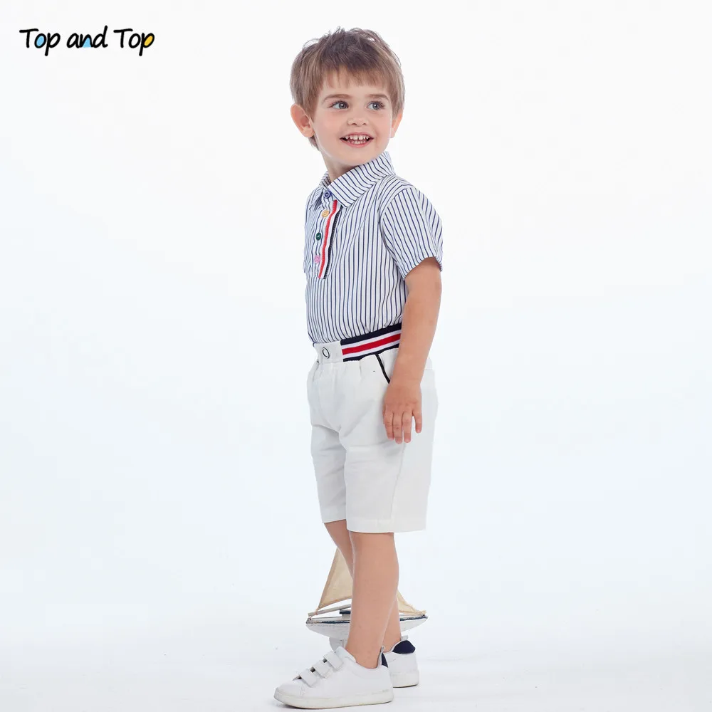 Топ и топ летний модный детский костюм для мальчиков блузка в полоску с коротким