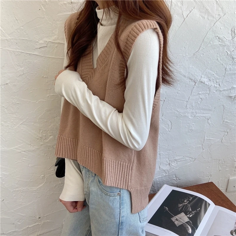 SLLSKY женский модный однотонный вязаный жилет с v образным вырезом Свободный