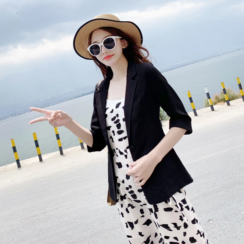 Linen small suit female one button coat thin section summer white black cotton linen Slim casual seven-point sleeve | Женская одежда