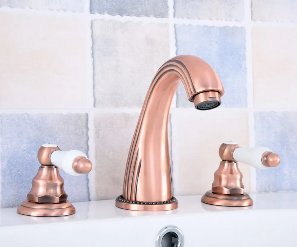 

Antique Red Copper Deck Mounted 3 Holes Widespread Bathroom Basin Faucet Dual Handle Bath Tub Sink Mixer Taps Wsf538