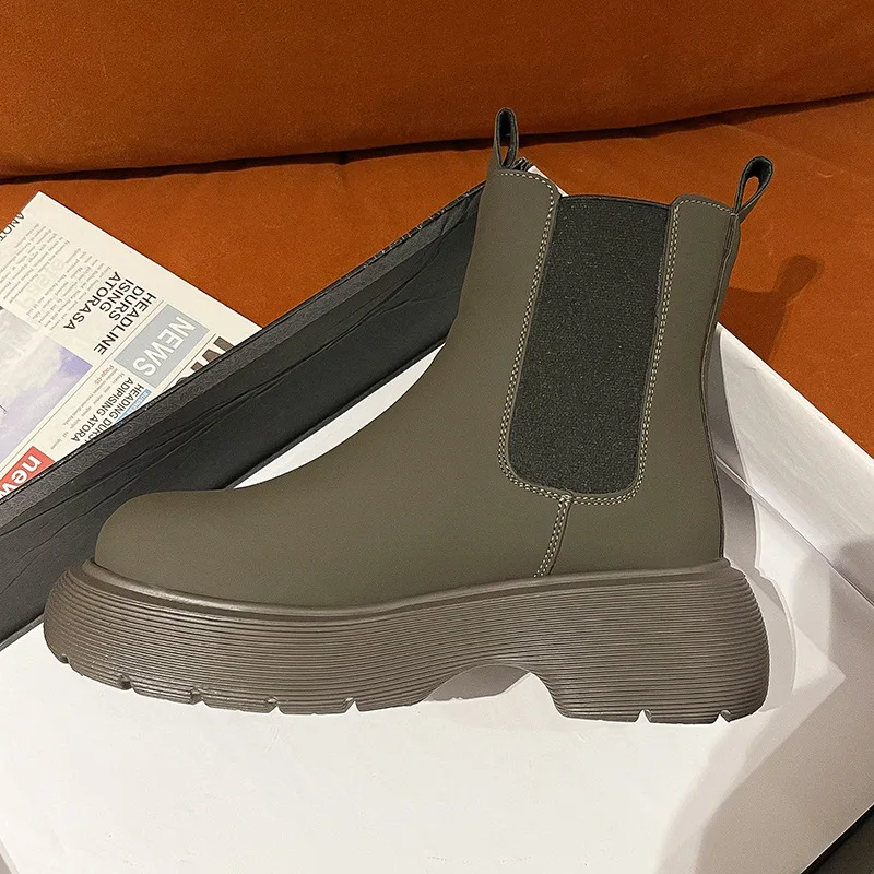 

Women Chelsea Boots Female Smoke Tube Boots PU Solid Color Increase Keep Warm Waterproof and Non Slip Round Shape Brea Thable