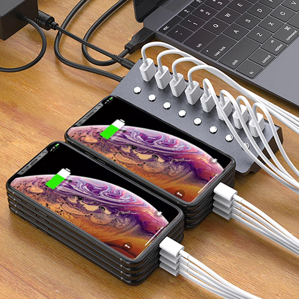 

USB3.0 Hub Aluminum Alloy 5V 3A Splitter 1 Port Charging 7 Port Data Transmission US/EU Docking Station Charger Adapter