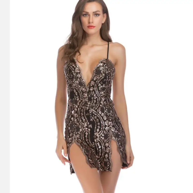 Sexy V Neck Gold Sequined Party Without backrest Backless Dress Lining Bodycon intermediate sleeve Night Club Mini G26 | Женская одежда