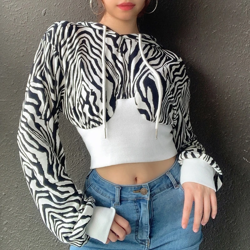 

Women Long Sleeve Drawstring Hoodies Harajuku Zebra Stripe Print Patchwork Crop Top Ribbed Elastic Waist Slim Sweatshirt