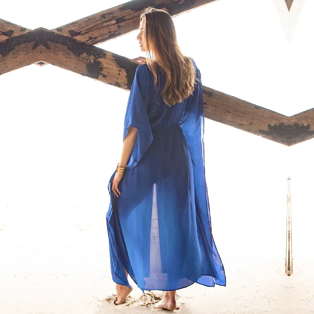 2021 накидки на бикини синие богемные вышитые шифоновые длинные кимоно кардиган