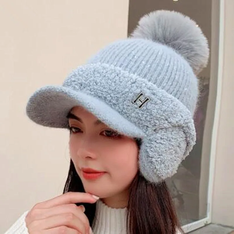 

XdanqinX Winter Women's Hat Warm Baseball Cap Thicken Plus Velvet Fluff Earmuffs Caps Novelty Cute Girl's Knitted Woolen Hats