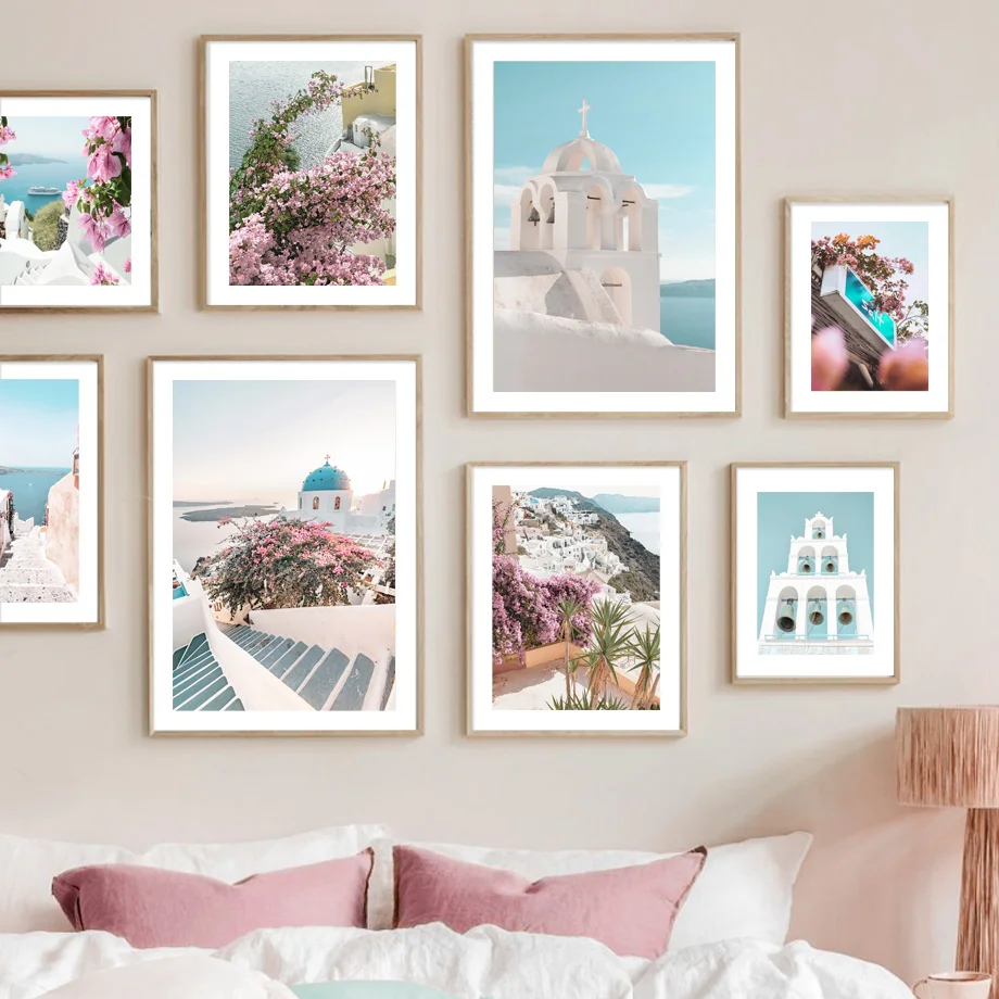 

Spring Santorini Pink Flowers Bell Tower Aegean Sun Nordic Wall Art Canvas Painting Posters Print Pictures For Living Room Decor