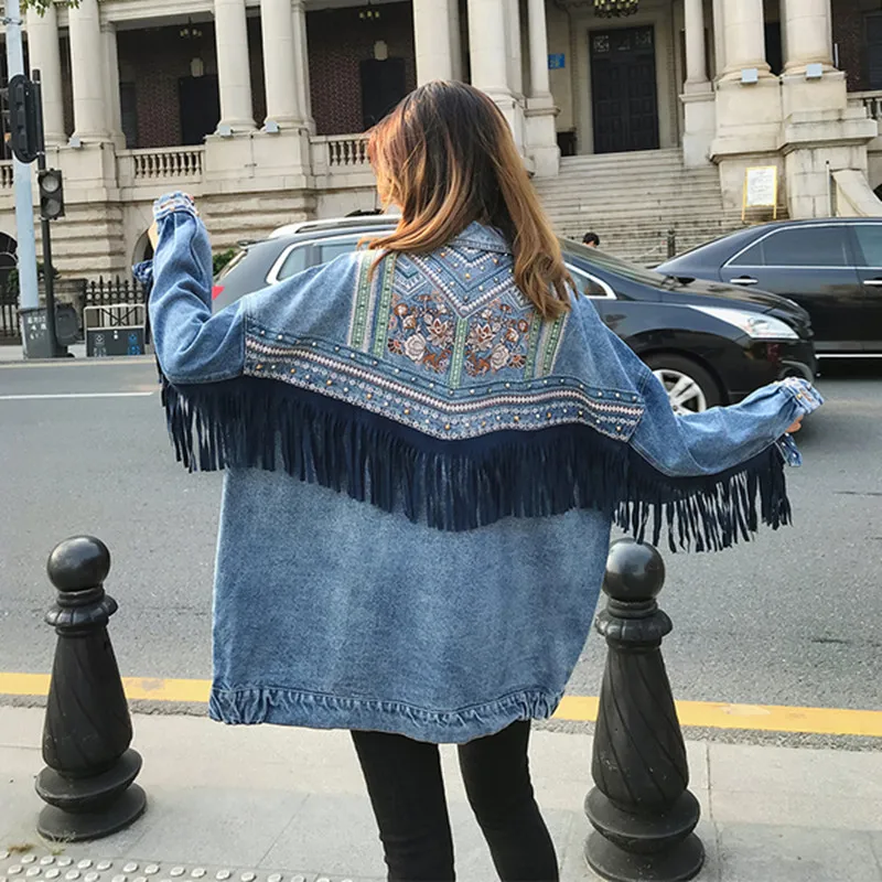 

2019 Loose Fit Tassel Embroidery Jacket New Lapel Long Sleeve Women Coat Fashion Tide Autumn Winter Oversize Streetwe jacket