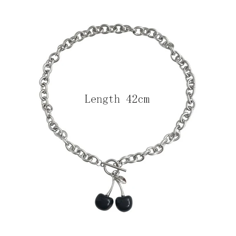 

Elegant Black Cute Cherry Pendant Necklace Short Choker Handmade Silver Plated Thick Chain Fashion Fruit Pendant Clavicle Chain
