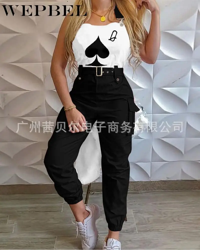 

Mandylandy Women Poker Print Skinny Cargo Jumpsuit With Belt Pocket Streetwear Long Playsuit Suspender Overalls Romper