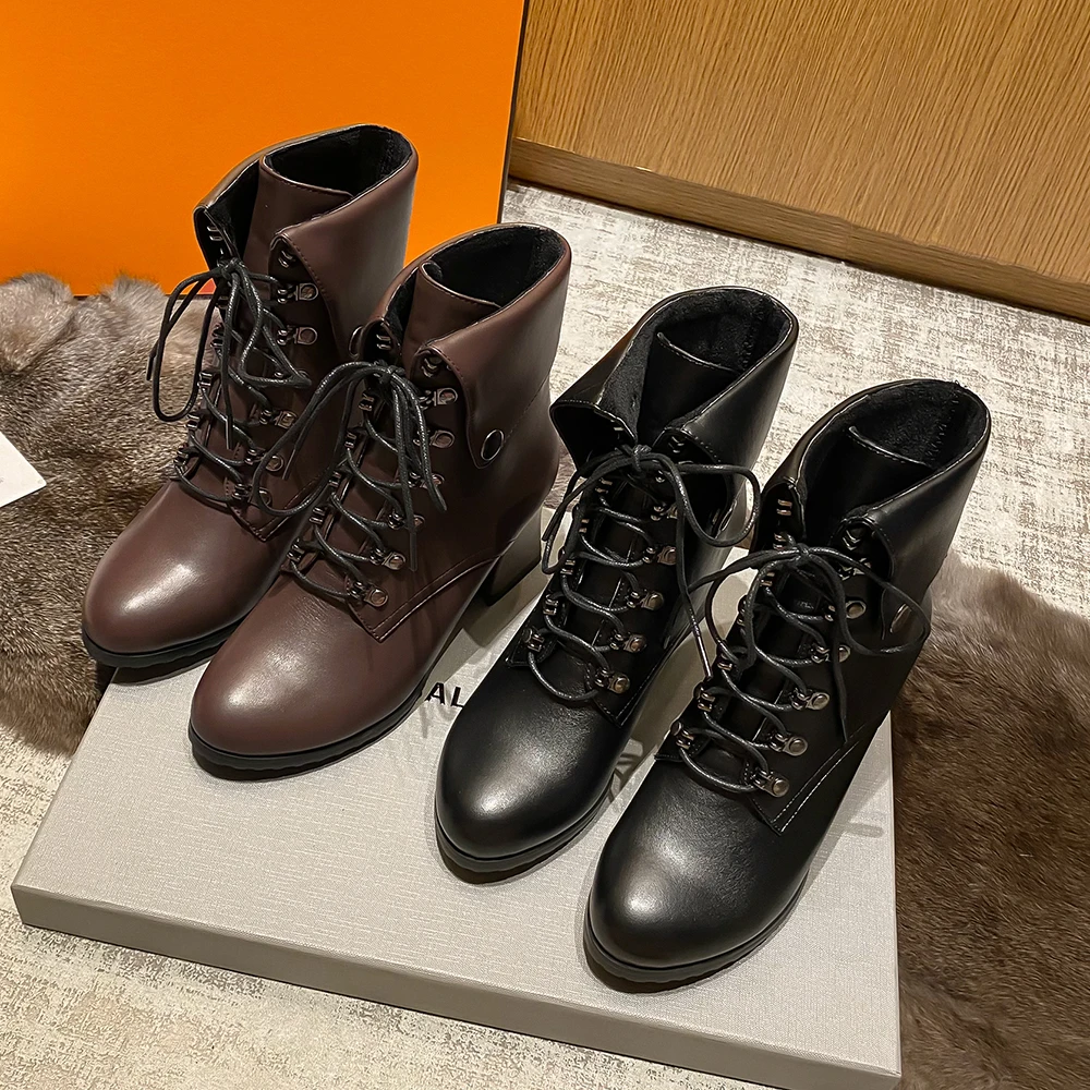 

Aliona Shoo Autumn Winter Leisure Women Ankle Boots Sewing Platforms Genuine Leather Thick Heels Lace-Up Casual Shoes Woman New