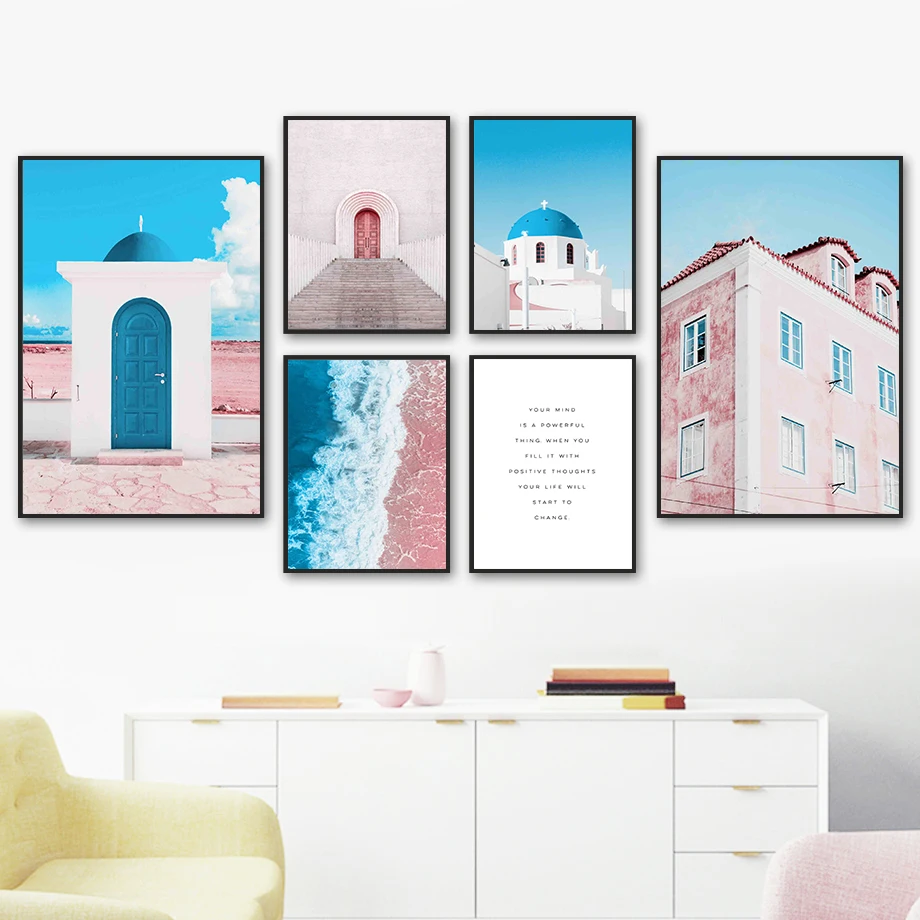 

Wall Art Canvas Painting Pink Blue Church Steps House Ocean Beach Nordic Posters Prints Wall Pictures For Living Room Decoration