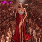 Женское длинное платье с открытой спиной, Бордовое платье с разрезом по бокам и блестками