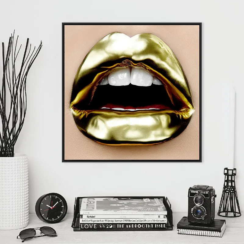 

Nordic Modern Gold Lips Sexy Diamonds Shine Women Canvas Painting Art Posters and Prints Wall Canvas Pictures for Beauty Shop