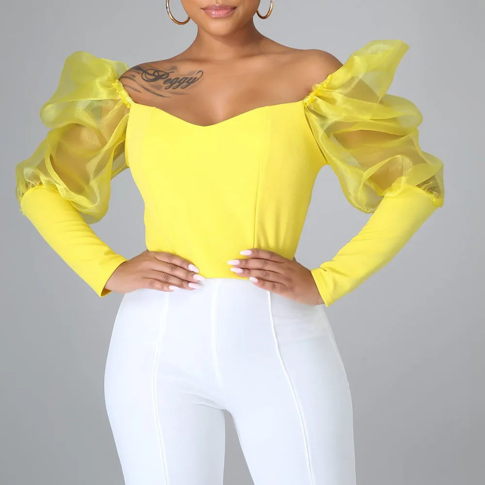 

2021 Temperament Commute Solid Color Puff Sleeve Blouse Summer New Fashion Net Yarn Splicing Sexy One Word Collar