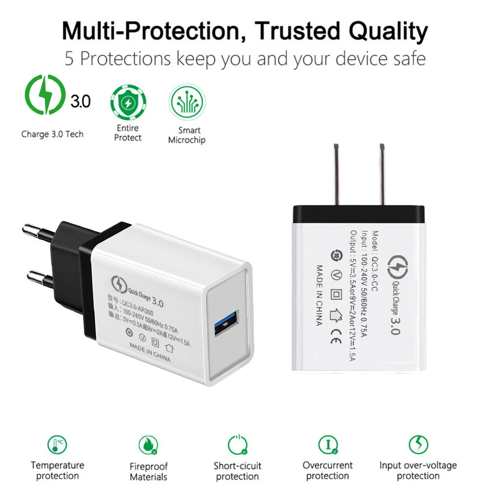18 Вт ЕС/США Быстрая зарядка QC 3,0 USB телефонный кабель для зарядного устройства быстрое зарядное устройство настенное зарядное устройство для samsung Xiaomi huawei Android микро-кабели