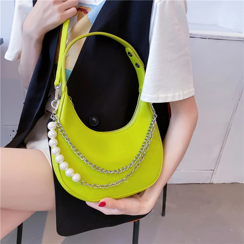 

Женская сумка через плечо, из однотонной кожи, с цепочкой и бусинами, 2021