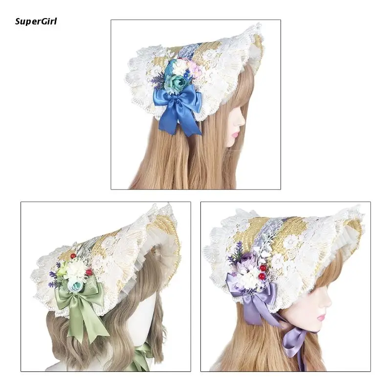 

J78E Handmade Lolita Pastoral Bonnet Straw Hat Sweet Ruffled Lace Trimming Ribbon Sun Elegant Tea Party Vintage Floral Hair