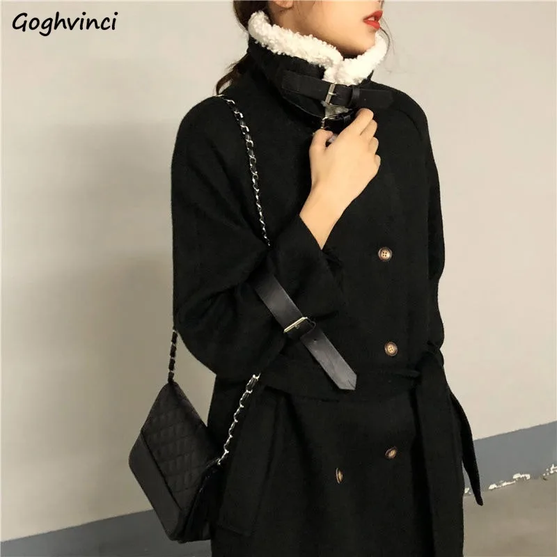 

Wool Women Retro Lambswool Collar Thicker Blends Womens Warm Cold-resistant Vintage Chic Ins Woolen Overcoat Fashion Straight
