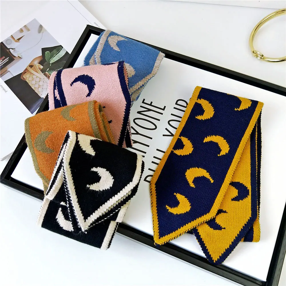 Зимний трикотажный шарф женский и мужской в горошек с Луной полоску Для худой шеи