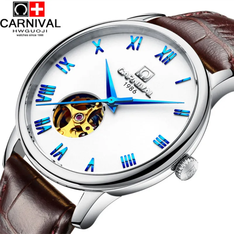 

Skeleton Brand Men Automatic Self-winding Watches Mechanical Roman Dress Wristwatch Waterproof Real Leather Strap Watch Carnival