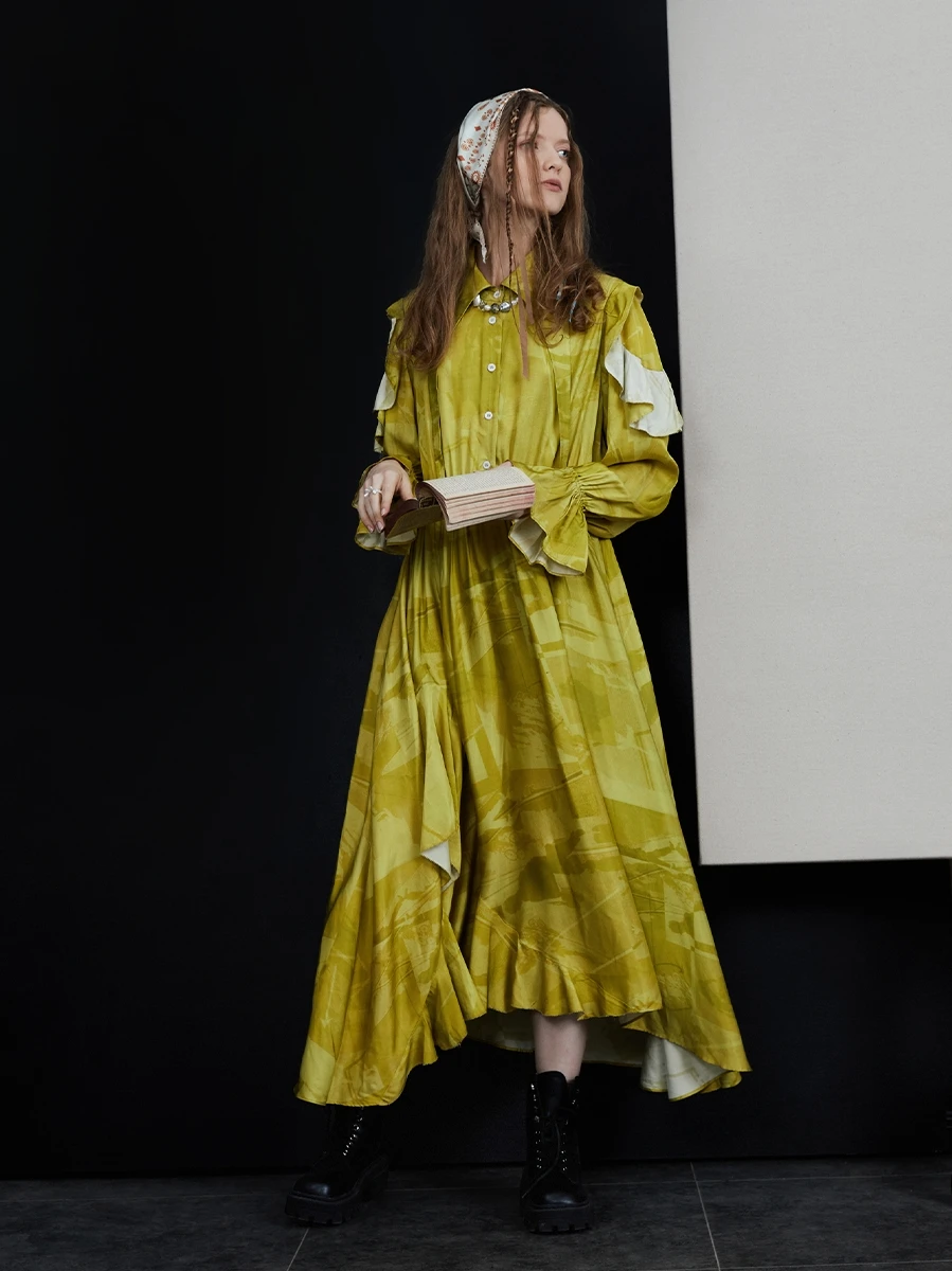 

IRINACH465 Коллекция осень-зима 2021 оригинальный дизайн винтажное платье с длинным рукавом и принтом с оборками для женщин