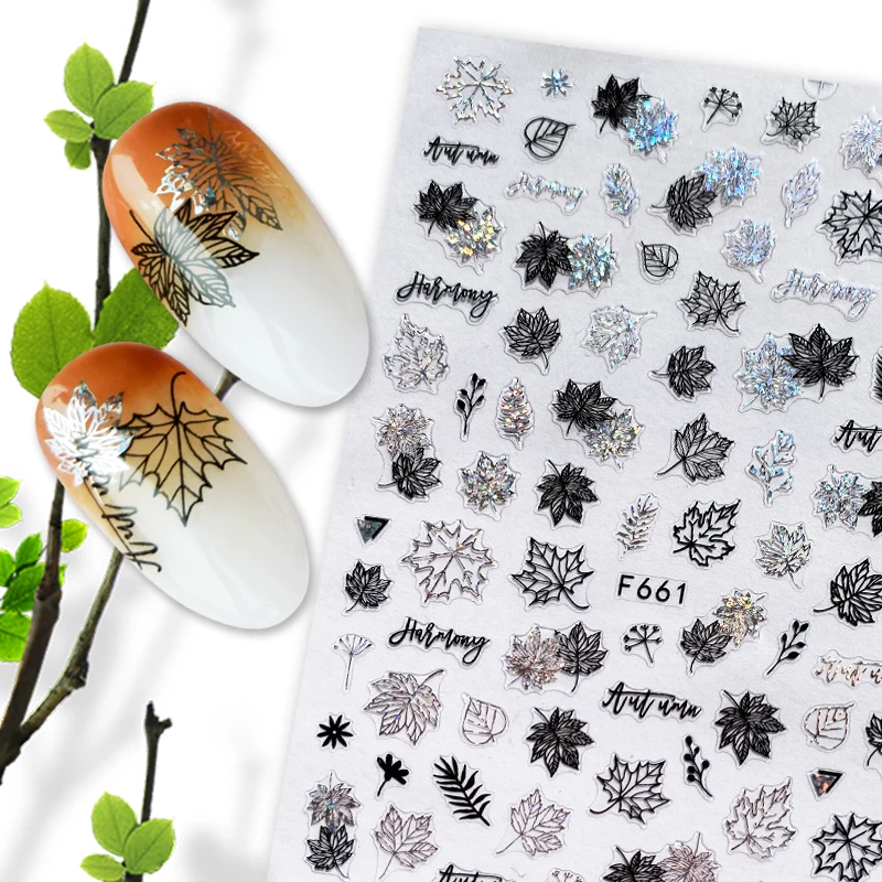 

5P 4Colors Leaf Letters Nail Stickers Adhesive Decal Colorful Summer Slider Gold Silver White Black Nail Art Decor Manicure Wrap
