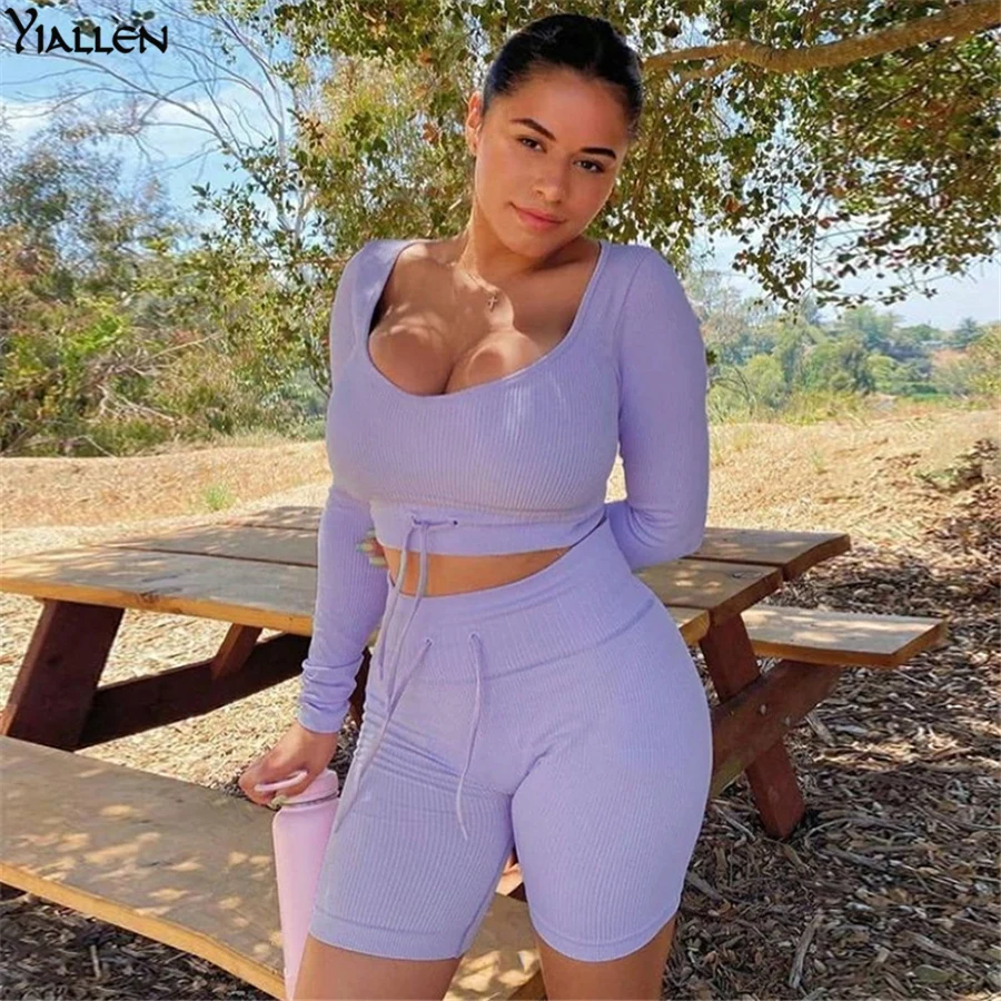 

Yiallen Summer Solid Ribbed Skinny Two Piece Set Women Body-Long Sleeve Stretchy Crop Top+Biker Shorts Drawstring Sportswea Hot