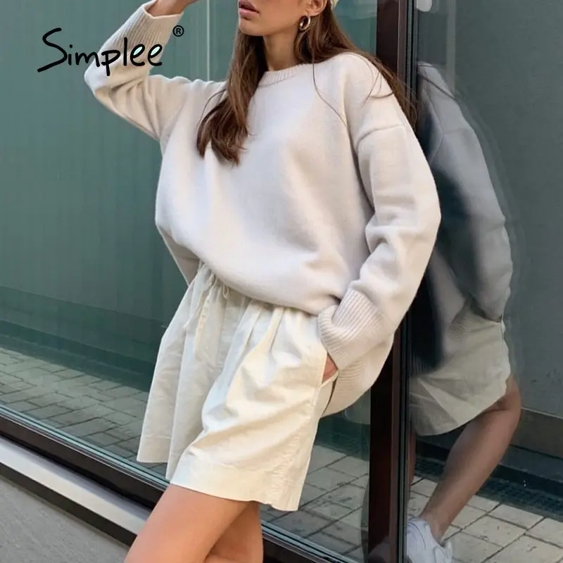 Simplee Elegant Khaki women's sweater O-neck loose soft autumn winter Pullover High street style long sleeve knitted | Женская