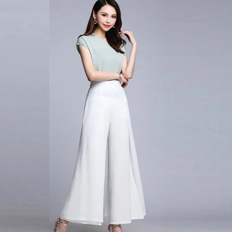 

Women'S Pants 2021 Summer Wide Leg Trousers Casual Vintage High Waist Chiffon Side Split Loose Bohemia Pants Capris Solid AA5748