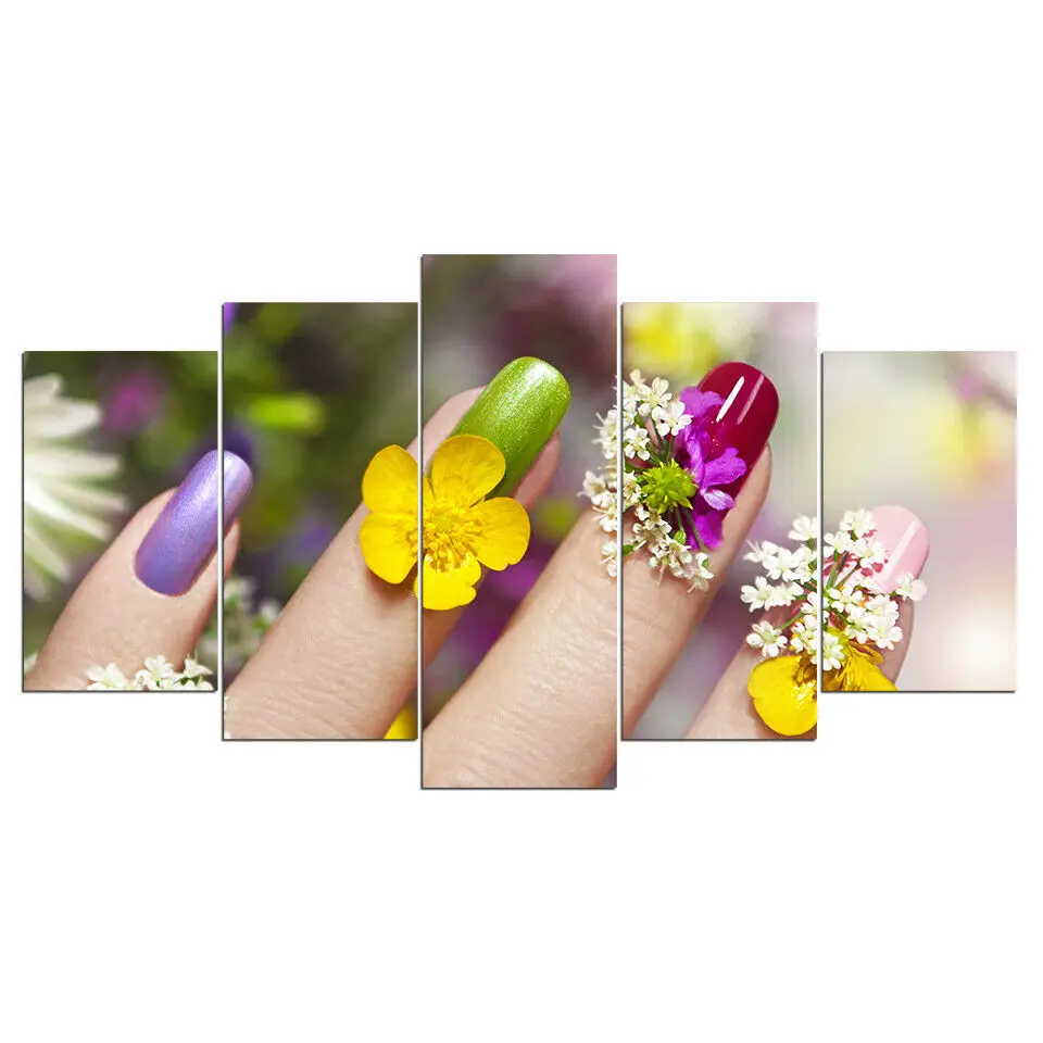 

5 Pieces Colorful Nail and Flower 5 Pcs Canvas Pictures Print Wall Art Canvas Paintings Wall Decor for Living Room No Framed