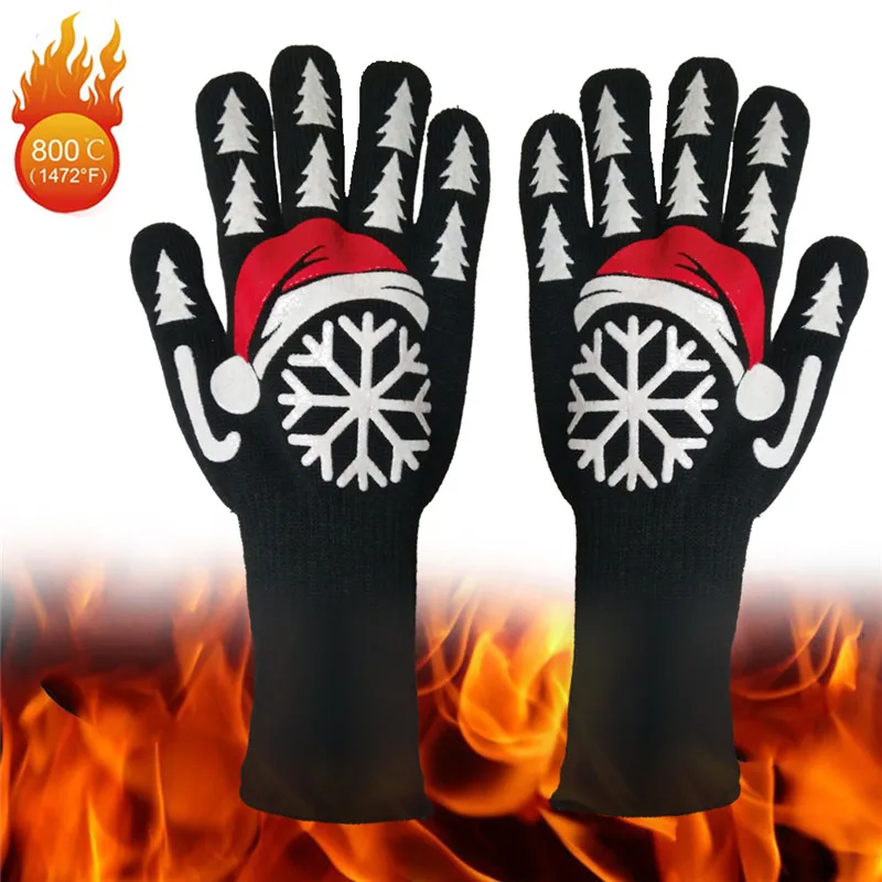 

1 pair BBQ Grill Gloves Temperature Oven Mitts Protect to 1472 F Silicone Non-slip Comfortable Cotton Inside Fireproof Gloves