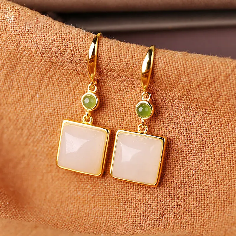 

Natural Hetian white jade geometric earrings with Chinese classical style, unique ancient gold craft and elegant women's jewelry