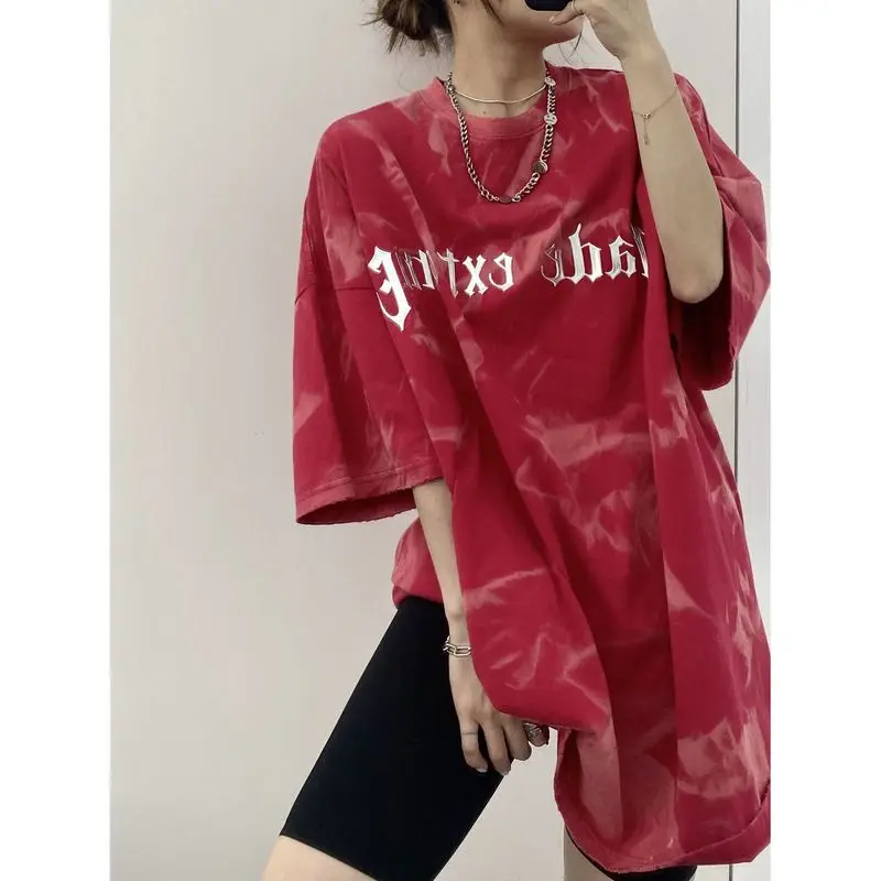 

Short-sleeved Y2k T-shirt For Women 2022 Summer Tie-dye Mid-length Tops Tide Brand Loose All-match Chic Grunge Couple Clothes