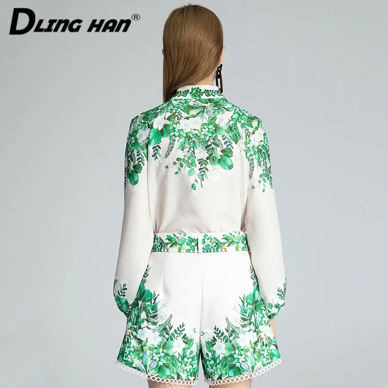 

DLINGHAN Fashion Floral Print Set Women's Diamond Stand collar Lantern Sleeve Tops + Lace Up shorts Two-piece Sets Autumn New